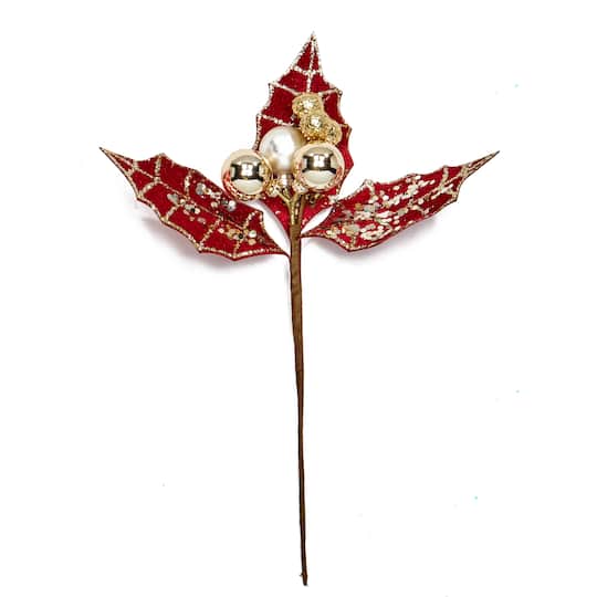 10" Christmas Burgundy Glittered Ball & Leaves Picks, 6ct.